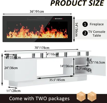 PUKAMI 70 Inches Fireplace TV Stand for TVs up to 80 Inches Console with 36'' Electric Fireplace & Remote, Wooden Modern Entertainment Center for Living Room, Tv Shelf, Room Decor,dorm essentials,home decor