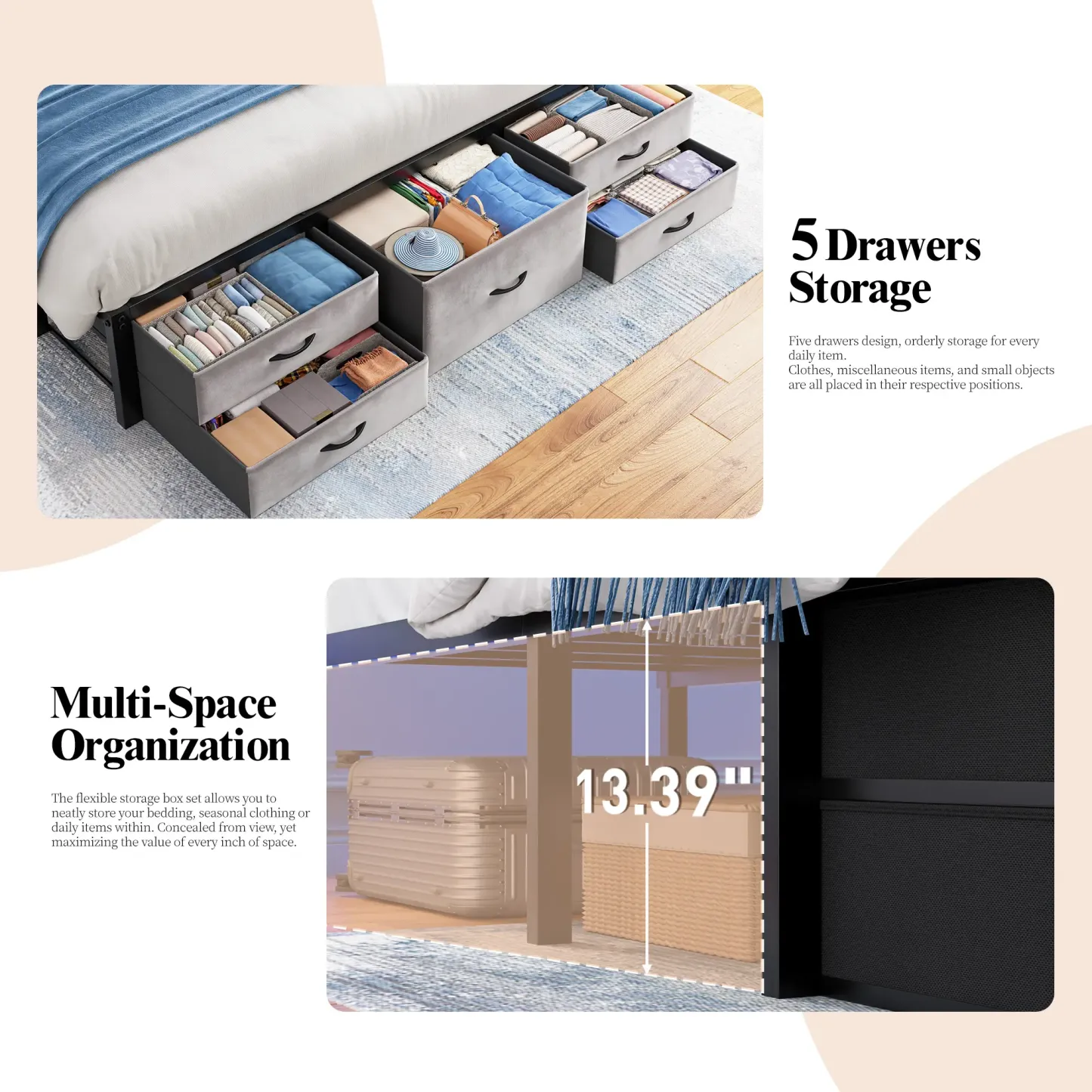 Estructura de cama moderna de metal tapizado (apta para camas King/Queen/Full) con 5 cajones de almacenamiento de tela; el cabecero integra una estación de carga y estantes con tira de luz LED; altura libre de 34 cm debajo de la cama, ideal para apartamen