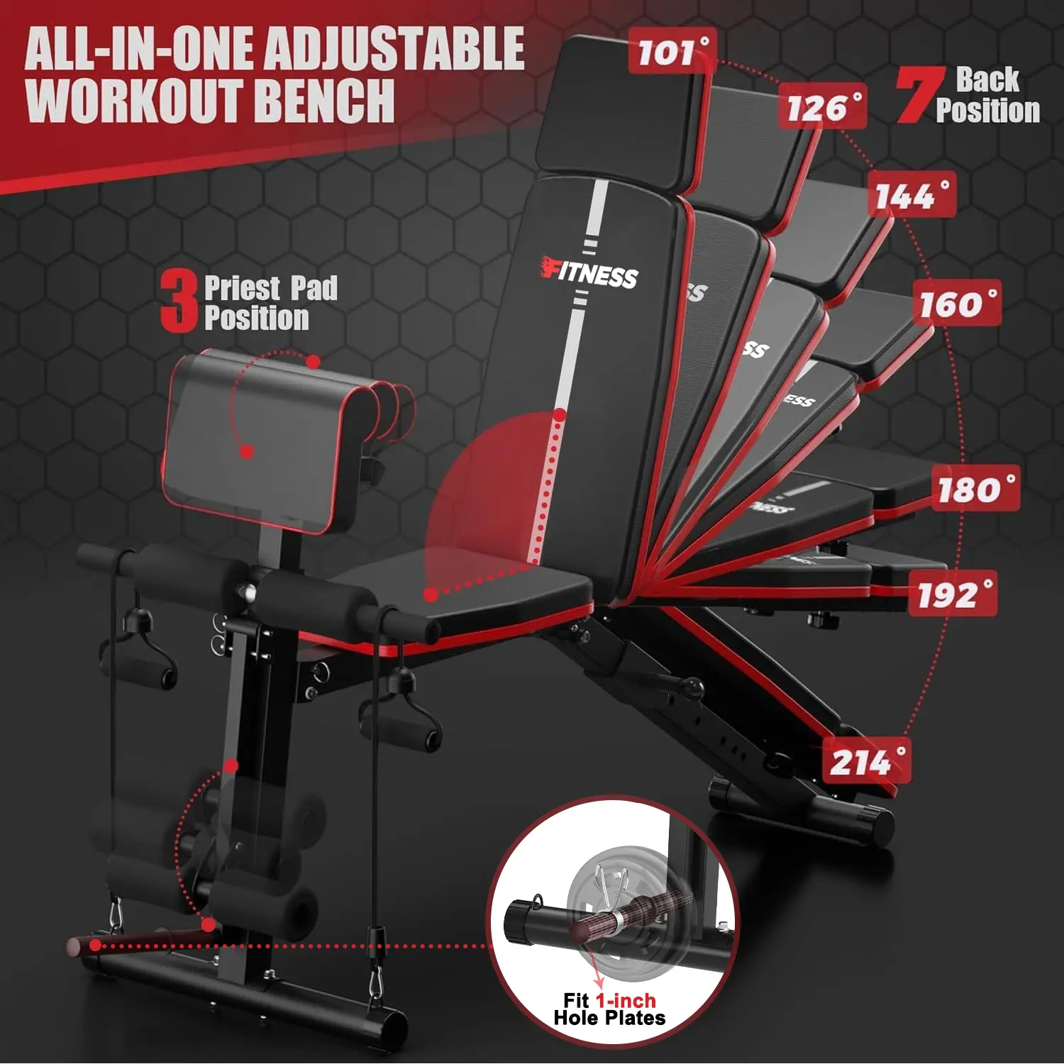 Bearbro Banco de pesas ajustable de 770 lb — Banco de entrenamiento plegable para press, ideal para el entrenamiento de fuerza de cuerpo completo; banco inclinable y declinable con sistema de plegado rápido.