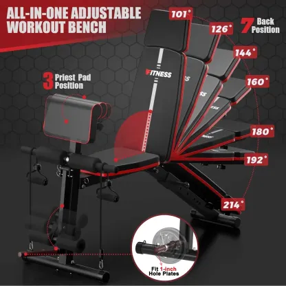 Bearbro Banco de pesas ajustable de 770 lb — Banco de entrenamiento plegable para press, ideal para el entrenamiento de fuerza de cuerpo completo; banco inclinable y declinable con sistema de plegado rápido.