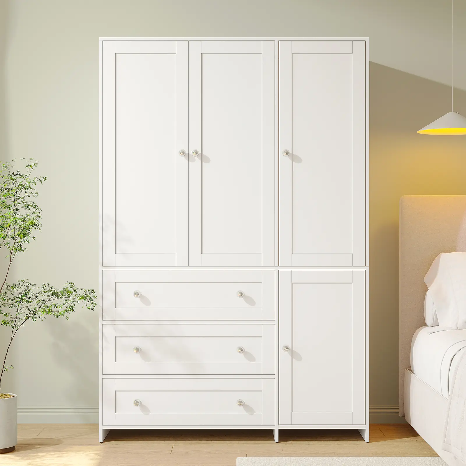 Armario de madera VOWNER, mueble de almacenamiento con 3 puertas y barra para colgar ropa, ideal para dormitorios. Armario alto independiente de gran capacidad con estantes.
