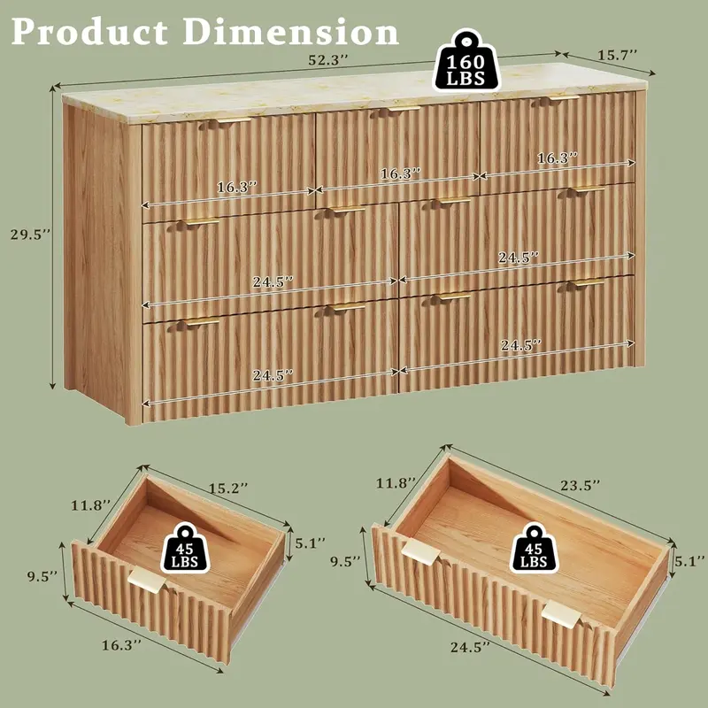 Cómoda estriada para dormitorio con 7 cajones, cómoda moderna de 53 pulgadas con superficie de imitación mármol, cómoda estilo mediados de siglo con tiradores dorados y perfil curvo, mueble de madera natural para TV (apto para dormitorio o sala de estar)