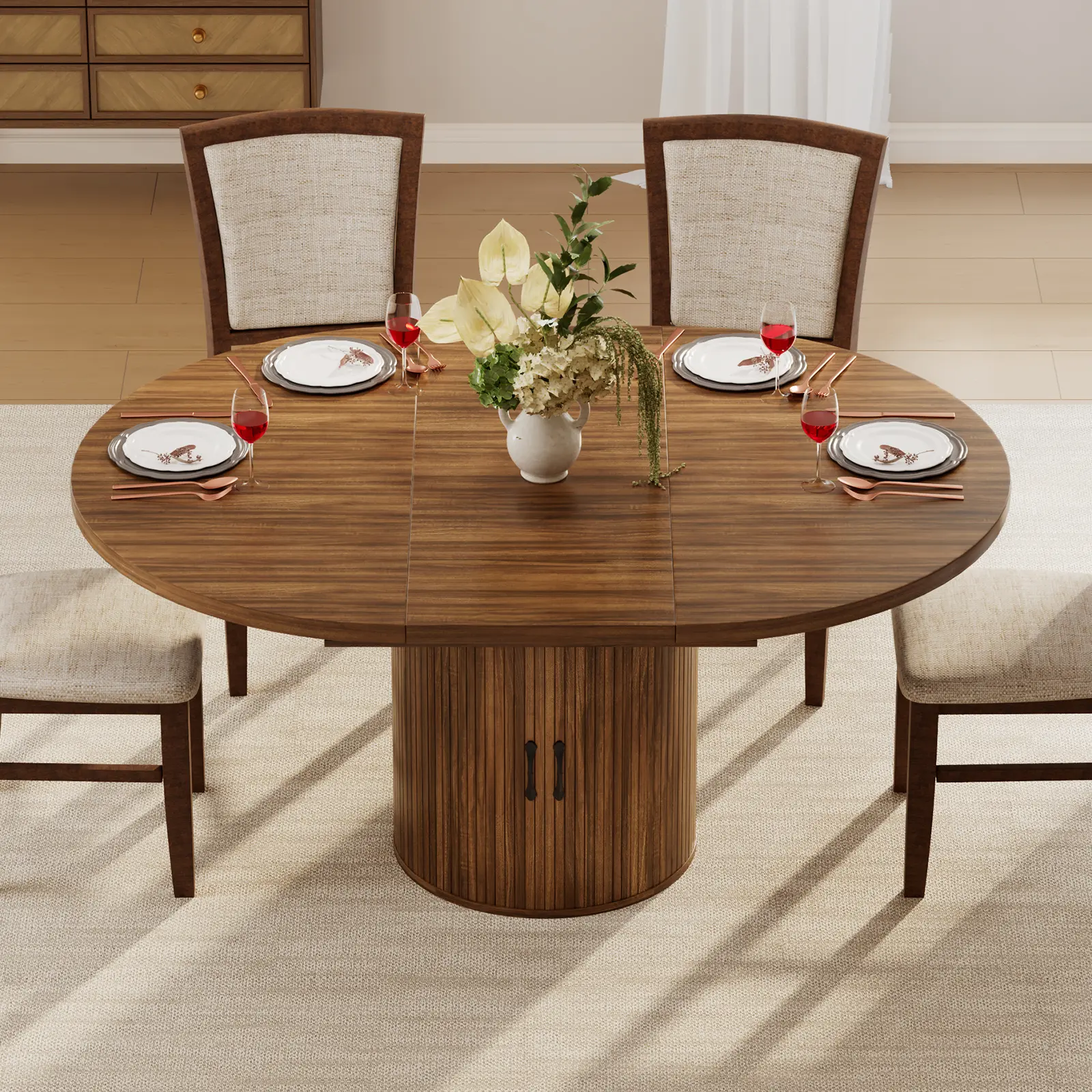 Mesa de Comedor Redonda Extensible con Almacenamiento