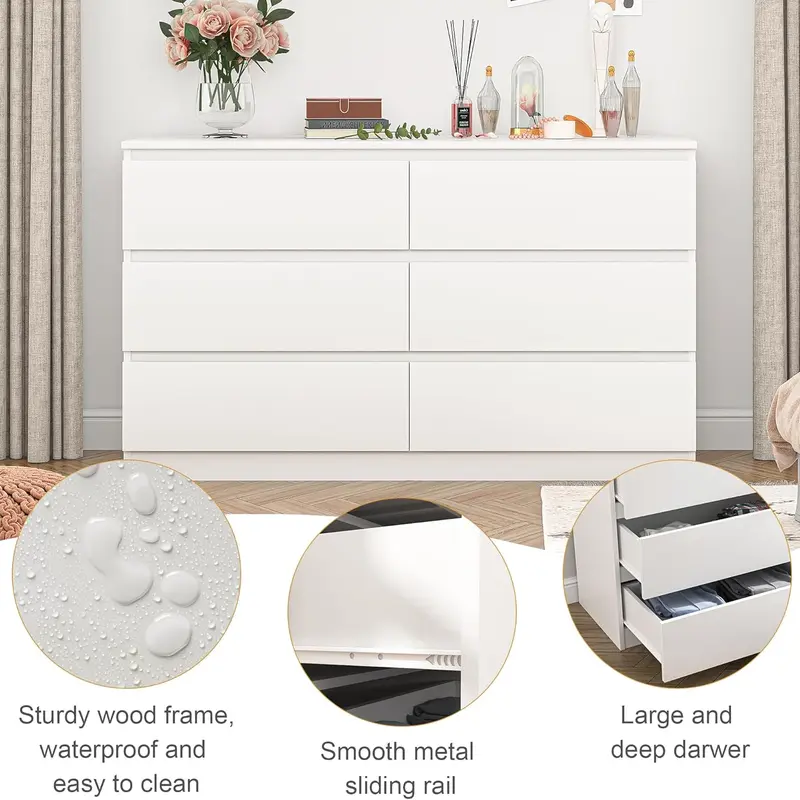Cómoda moderna Spaco de 6 cajones para dormitorio (blanca): mueble ancho de madera con cajones profundos de deslizamiento suave; mueble de almacenamiento grande para interiores, ideal para apartamentos y decoración del hogar.