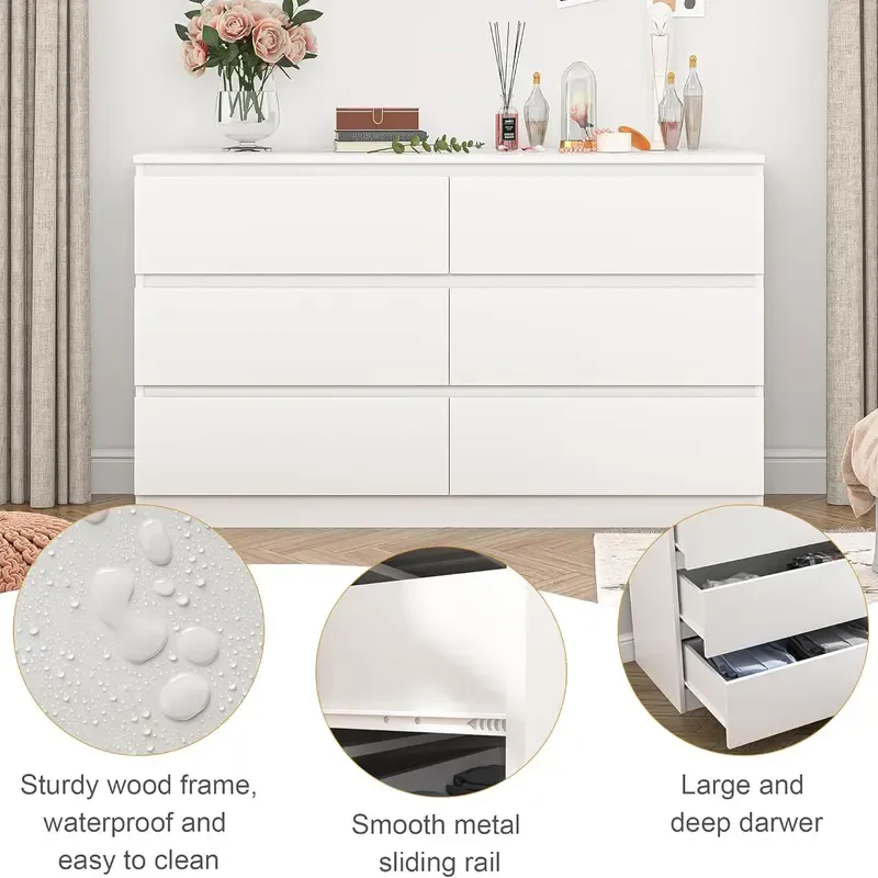 Cómoda moderna Spaco de 6 cajones para dormitorio (blanca): mueble ancho de madera con cajones profundos de deslizamiento suave; mueble de almacenamiento grande para interiores, ideal para apartamentos y decoración del hogar.
