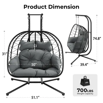 [dealsforyoudays] Silla Colgante Doble tipo Huevo con Soporte para Patio — Silla Columpio Colgante (Interior/Exterior) con Cojines, de Mimbre y Ratán — Capacidad de 700 lbs — Resistente al Agua y al Sol — Ideal para Balcones, Jardines y Porches — Regalo d