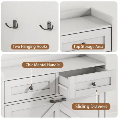 Mueble zapatero para entrada, zapatero estrecho estilo rústico con 2 cajones abatibles y cajones superiores, estantes ajustables y ganchos; organizador independiente con almacenamiento oculto para pasillo o recibidor. Ideas de regalo para el Día del Padre