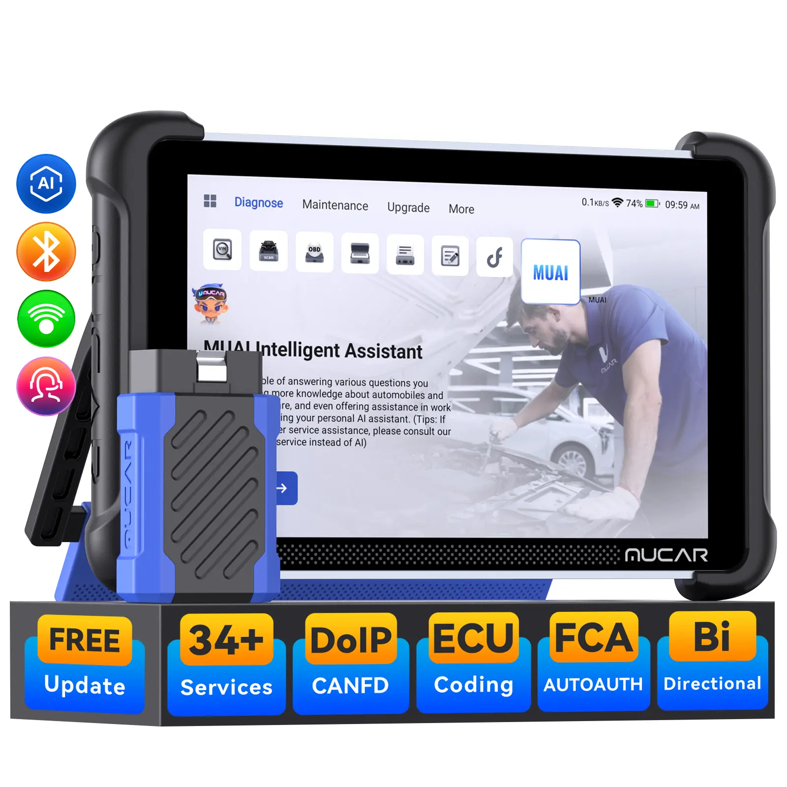 Herramienta de escaneo OBD2 automotriz con asistencia de IA MUCAR, actualización gratuita de por vida, escáner OBD2 de sistema completo 892BT, herramienta de diagnóstico OBD2 bidireccional, codificación de ECU, 35 servicios, FCA Autoauth, CANFD y DoIP.