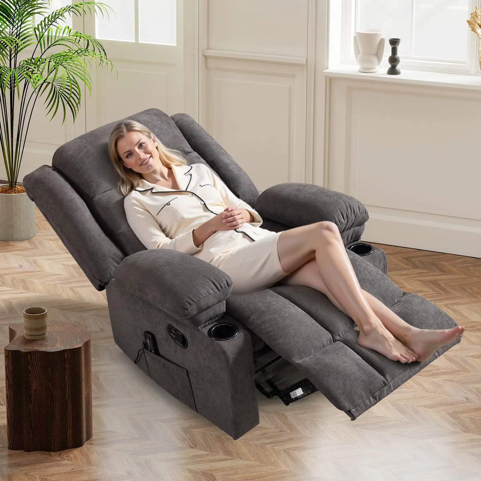 [DealsForYouDays] Sillón reclinable manual EBELLO con masaje y calor, sillón de tela con portavasos y bolsillos de almacenamiento, cómodo y transpirable para la sala de estar