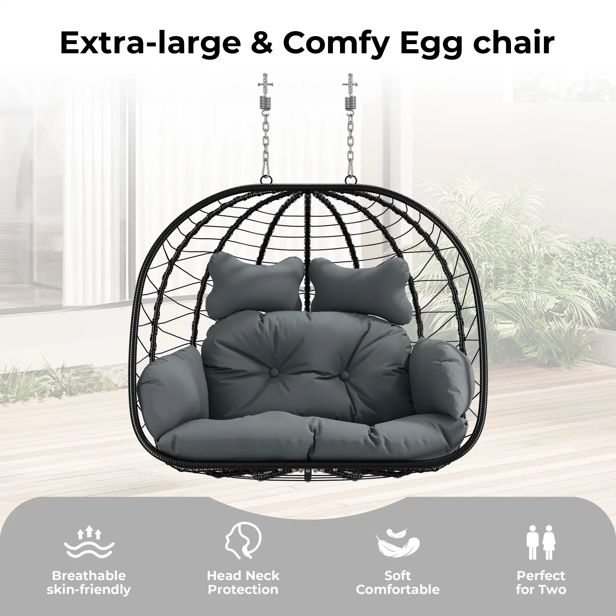 [dealsforyoudays] Silla Colgante Doble tipo Huevo con Soporte para Patio — Silla Columpio Colgante (Interior/Exterior) con Cojines, de Mimbre y Ratán — Capacidad de 700 lbs — Resistente al Agua y al Sol — Ideal para Balcones, Jardines y Porches — Regalo d