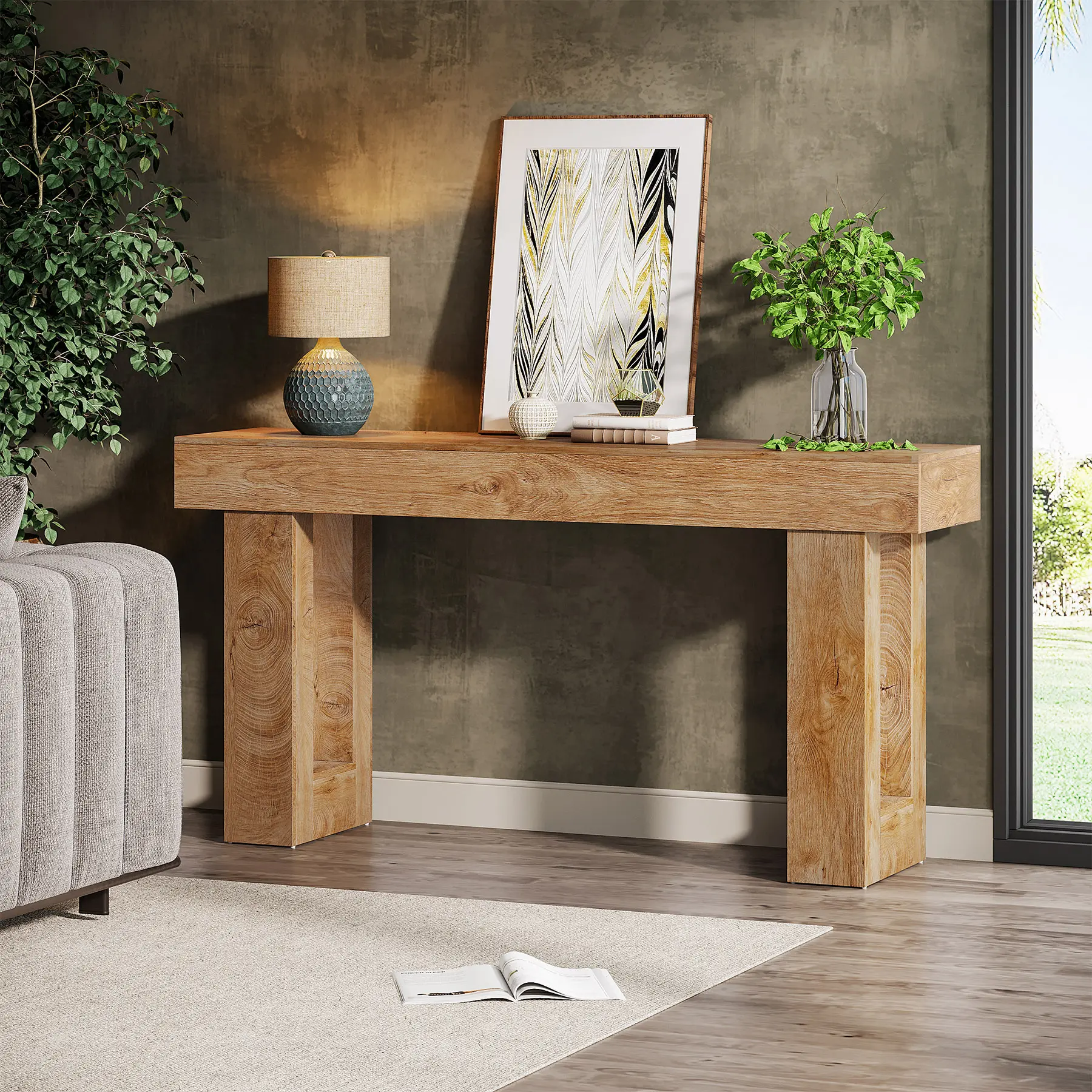 Mesa consola Tribesigns de 63 pulgadas de largo, mesa rectangular de madera para colocar detrás del sofá, mesa estilo granja para recibidor, pasillo o sala de estar (color natural), diseño moderno.