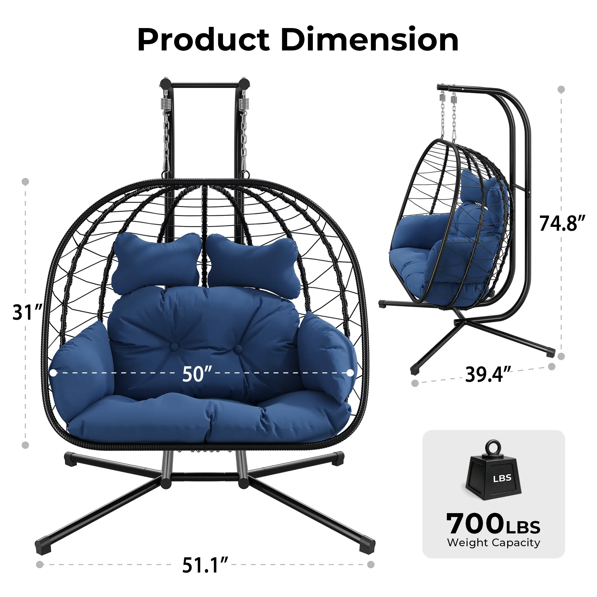 [dealsforyoudays] Silla Colgante Doble tipo Huevo con Soporte para Patio — Silla Columpio Colgante (Interior/Exterior) con Cojines, de Mimbre y Ratán — Capacidad de 700 lbs — Resistente al Agua y al Sol — Ideal para Balcones, Jardines y Porches — Regalo d