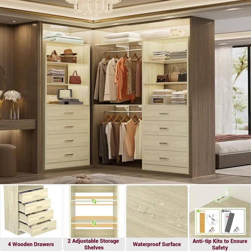 Sistema de vestidor moderno de 21,3 pulgadas: 4 cajones de madera, estantes de almacenamiento ajustables, armario estrecho y resistente con sistema antivuelco, organización personalizable para espacios pequeños, organizador de almacenamiento para dormitor
