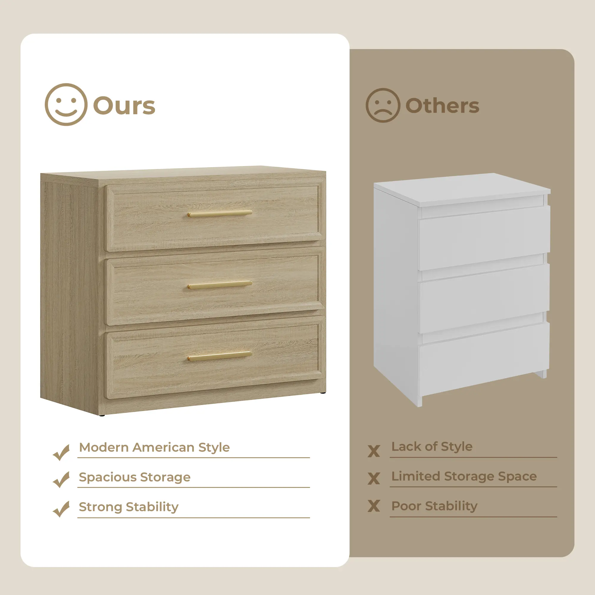 Mesita de noche alta extragrande SICOTAS con 3 cajones de almacenamiento y tiradores dorados, mesa auxiliar moderna para el hogar/dormitorio, ideal para la mesita de noche o la habitación infantil. Requiere montaje. Mueble de interior impermeable.