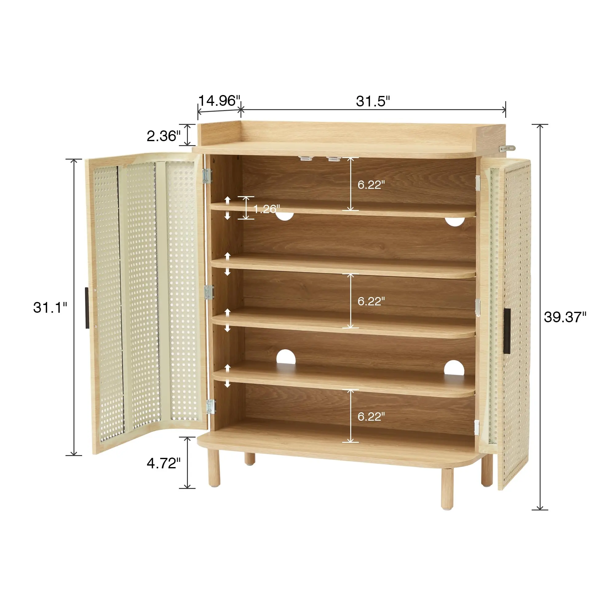 Zapatero Giratree de 5 niveles: mueble organizador de madera estilo boho con estantes ajustables y puertas curvas de hierro y ratán; mueble decorativo ideal para la entrada, el pasillo o la sala de estar.