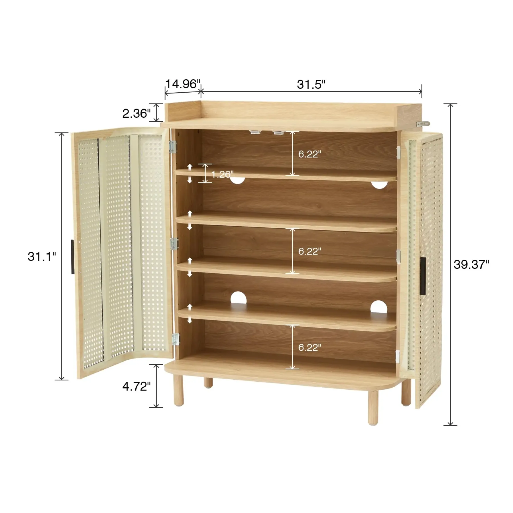 Zapatero Giratree de 5 niveles: mueble organizador de madera estilo boho con estantes ajustables y puertas curvas de hierro y ratán; mueble decorativo ideal para la entrada, el pasillo o la sala de estar.