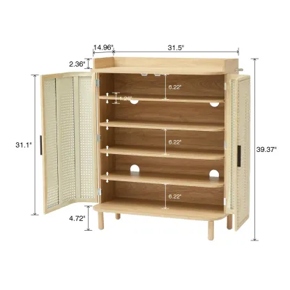 Zapatero Giratree de 5 niveles: mueble organizador de madera estilo boho con estantes ajustables y puertas curvas de hierro y ratán; mueble decorativo ideal para la entrada, el pasillo o la sala de estar.