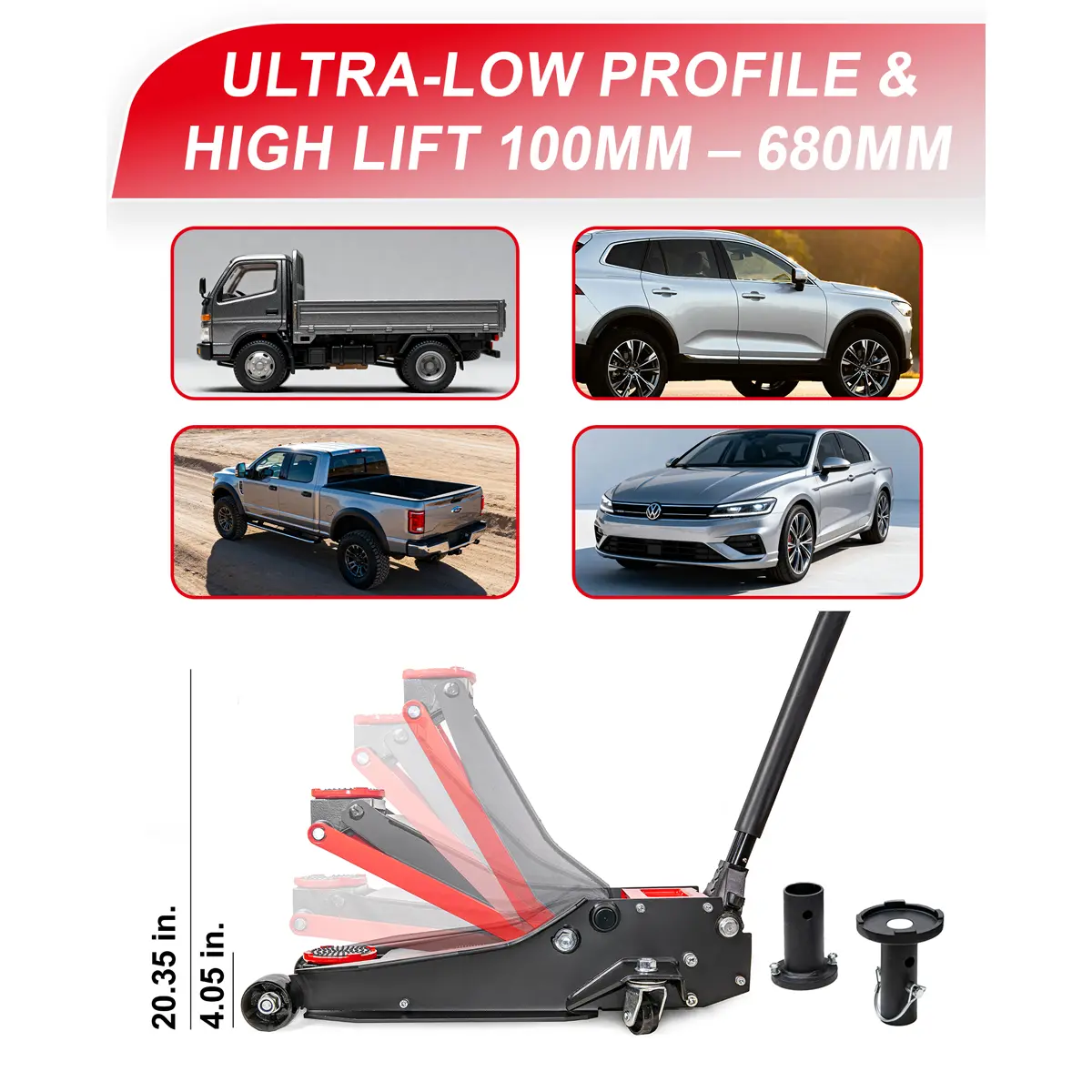 Gato de suelo hidráulico de perfil bajo para competición (4 toneladas) con bandeja de elevación desmontable; gato de acero aleado con doble bomba de elevación rápida para automóviles, SUV y camiones; rango de elevación de 100 mm a 680 mm (4" a 26,8"); gat