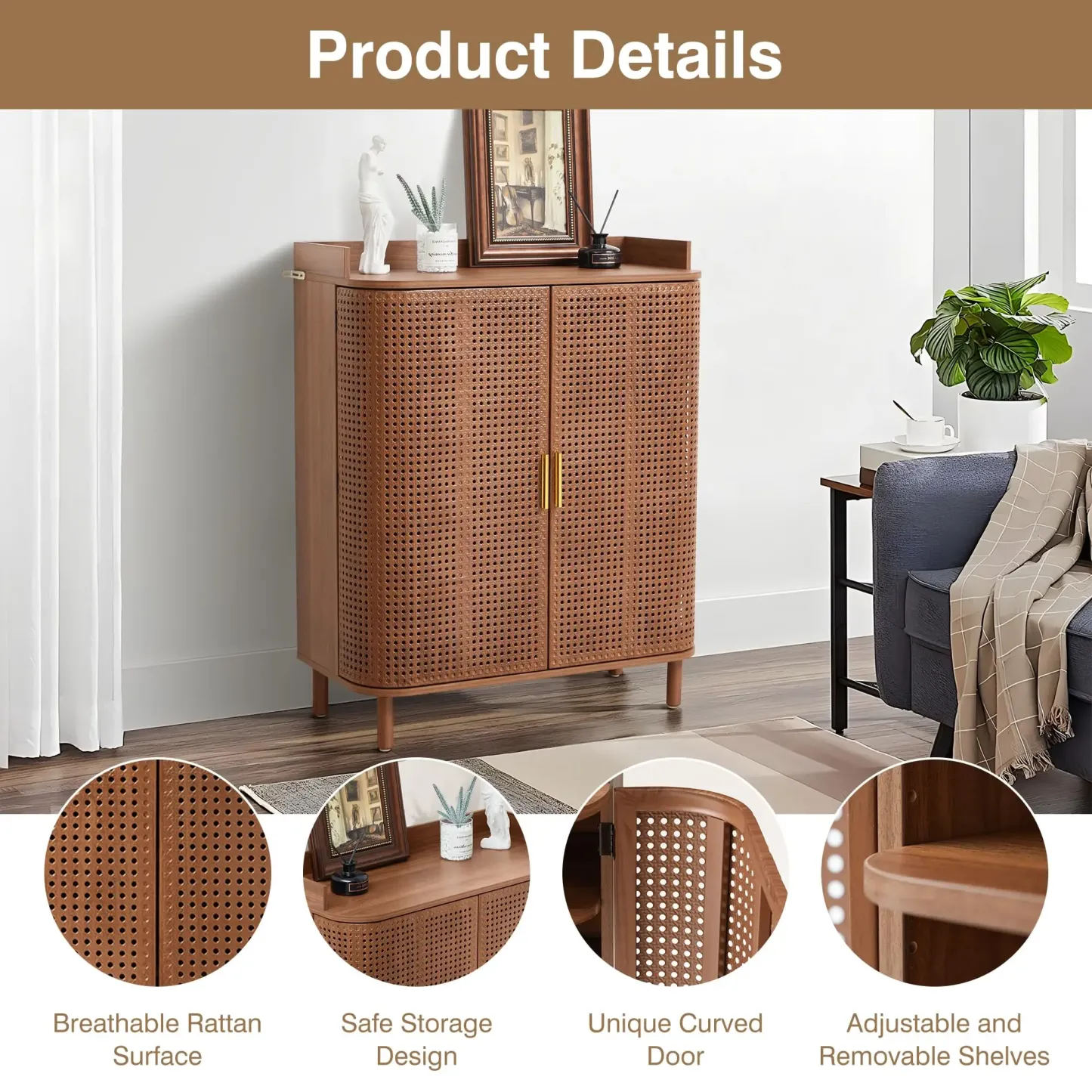 Zapatero Giratree de 5 niveles: mueble organizador de madera estilo boho con estantes ajustables y puertas curvas de hierro y ratán; mueble decorativo ideal para la entrada, el pasillo o la sala de estar.