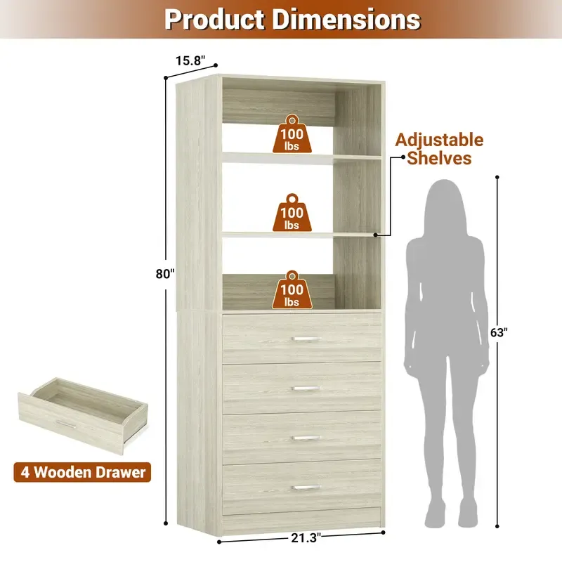 Sistema de vestidor moderno de 21,3 pulgadas: 4 cajones de madera, estantes de almacenamiento ajustables, armario estrecho y resistente con sistema antivuelco, organización personalizable para espacios pequeños, organizador de almacenamiento para dormitor