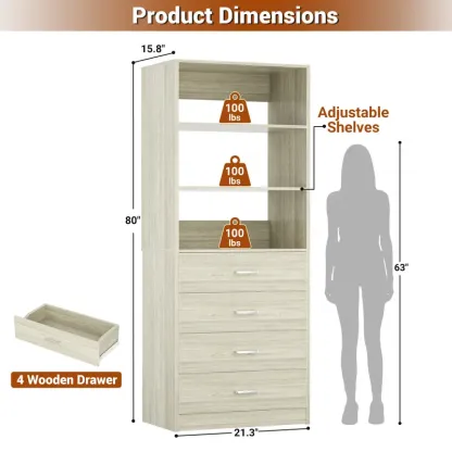 Sistema de vestidor moderno de 21,3 pulgadas: 4 cajones de madera, estantes de almacenamiento ajustables, armario estrecho y resistente con sistema antivuelco, organización personalizable para espacios pequeños, organizador de almacenamiento para dormitor