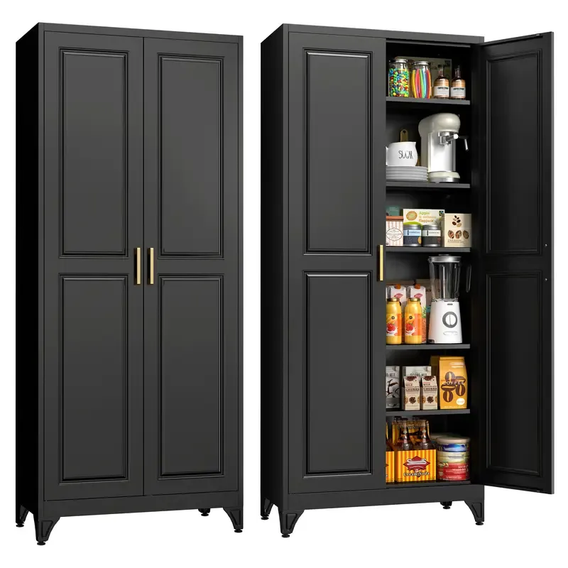 Armario cerrado con estructura metálica de 75 pulgadas: mueble rectangular para almacenamiento de alimentos con 5 estantes ajustables y extraíbles, 2 tiradores dorados y múltiples compartimentos; requiere montaje; mueble despensa moderno para coci
