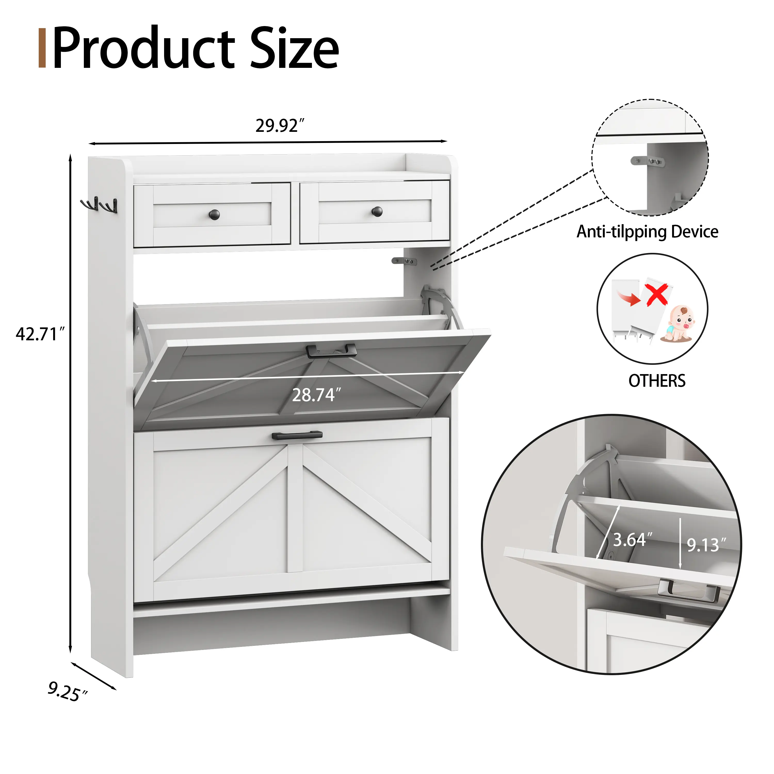 Mueble zapatero para entrada, zapatero estrecho estilo rústico con 2 cajones abatibles y cajones superiores, estantes ajustables y ganchos; organizador independiente con almacenamiento oculto para pasillo o recibidor. Ideas de regalo para el Día del Padre