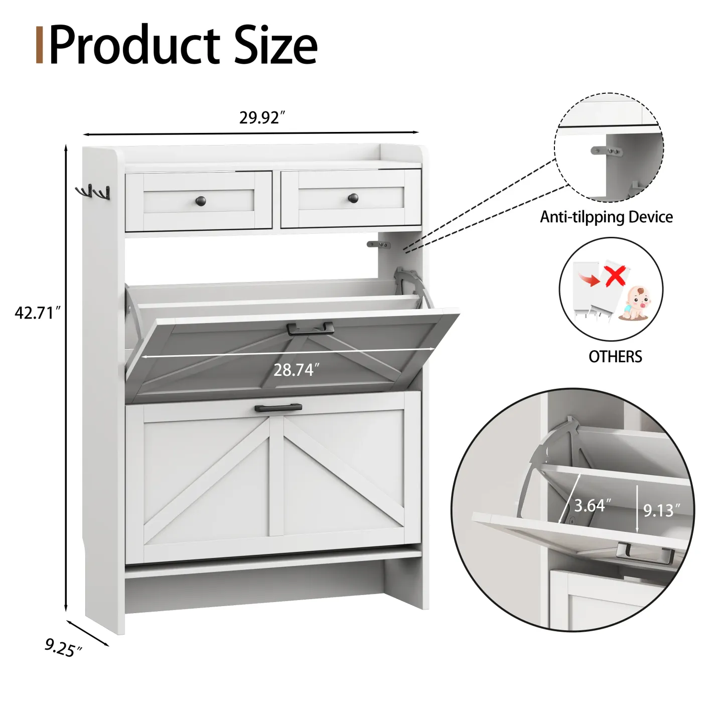Mueble zapatero para entrada, zapatero estrecho estilo rústico con 2 cajones abatibles y cajones superiores, estantes ajustables y ganchos; organizador independiente con almacenamiento oculto para pasillo o recibidor. Ideas de regalo para el Día del Padre