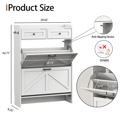Mueble zapatero para entrada, zapatero estrecho estilo rústico con 2 cajones abatibles y cajones superiores, estantes ajustables y ganchos; organizador independiente con almacenamiento oculto para pasillo o recibidor. Ideas de regalo para el Día del Padre
