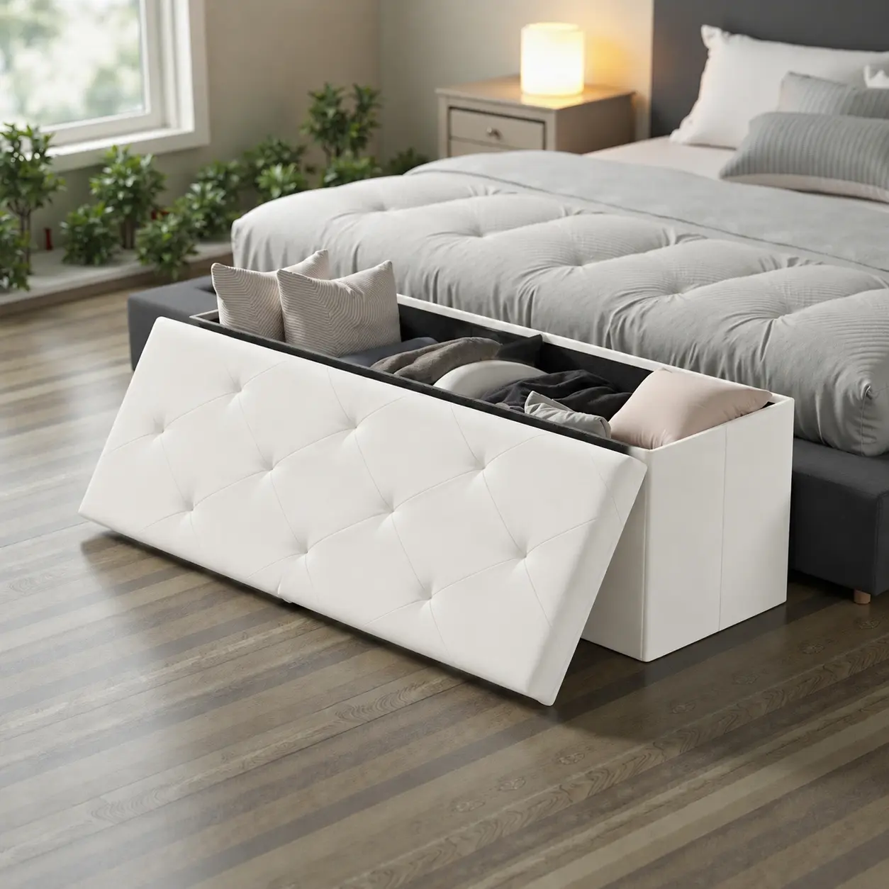 Banco otomano de almacenamiento plegable y reposapiés con asiento acolchado; gran baúl para juguetes con asiento; soporta hasta 660 libras (aprox. 300 kg) – Gris