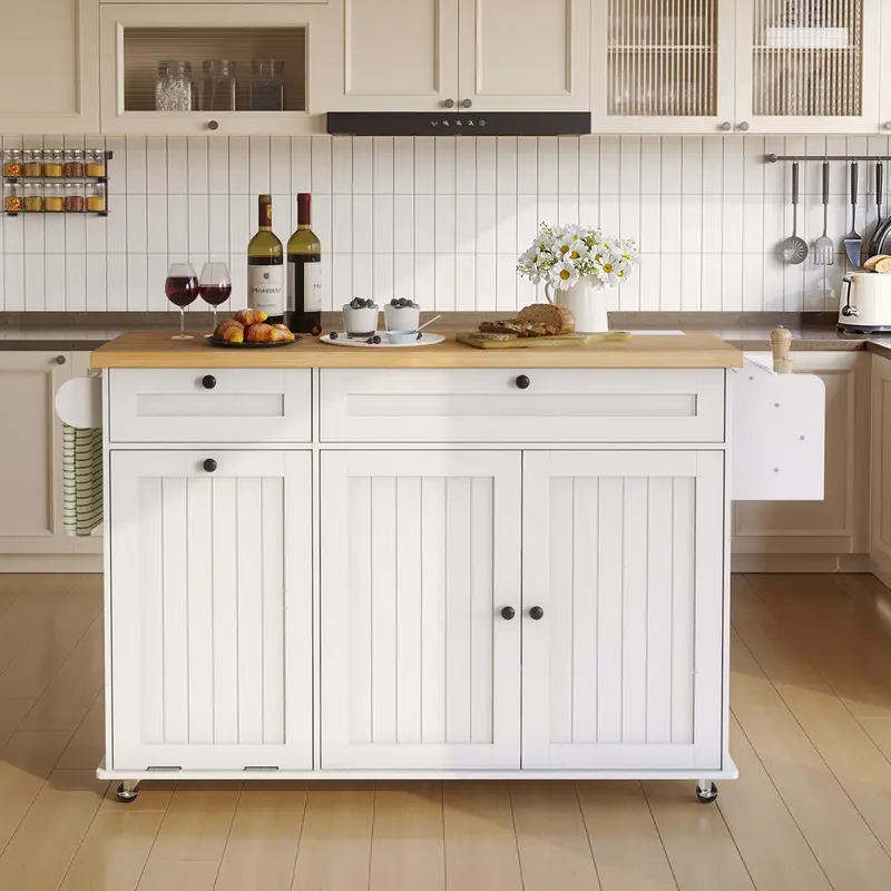 Isla de cocina ONBRILL de 60 pulgadas con toma de corriente y superficie abatible; isla móvil con especiero, toallero y soporte para cuchillos; carrito isla con compartimento para basura; mesa isla móvil para cocina.