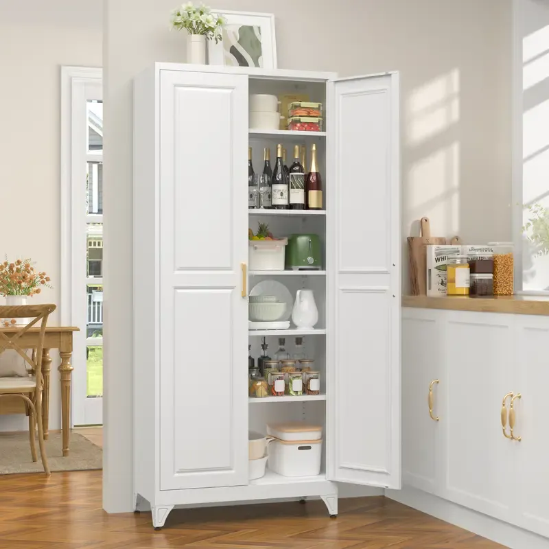 Armario cerrado con estructura metálica de 75 pulgadas: mueble rectangular para almacenamiento de alimentos con 5 estantes ajustables y extraíbles, 2 tiradores dorados y múltiples compartimentos; requiere montaje; mueble despensa moderno para coci