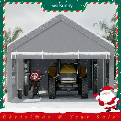 Cobertizo para Auto 10/12x20 ft – Garaje Portátil para Exterior, Toldos de Alta Resistencia con Ventanas Ventiladas y Laterales Removibles, Protección contra Humedad para Vehículos, Fiesta, Campamento o Herramientas, PVC Duradero, Gris/Blanco