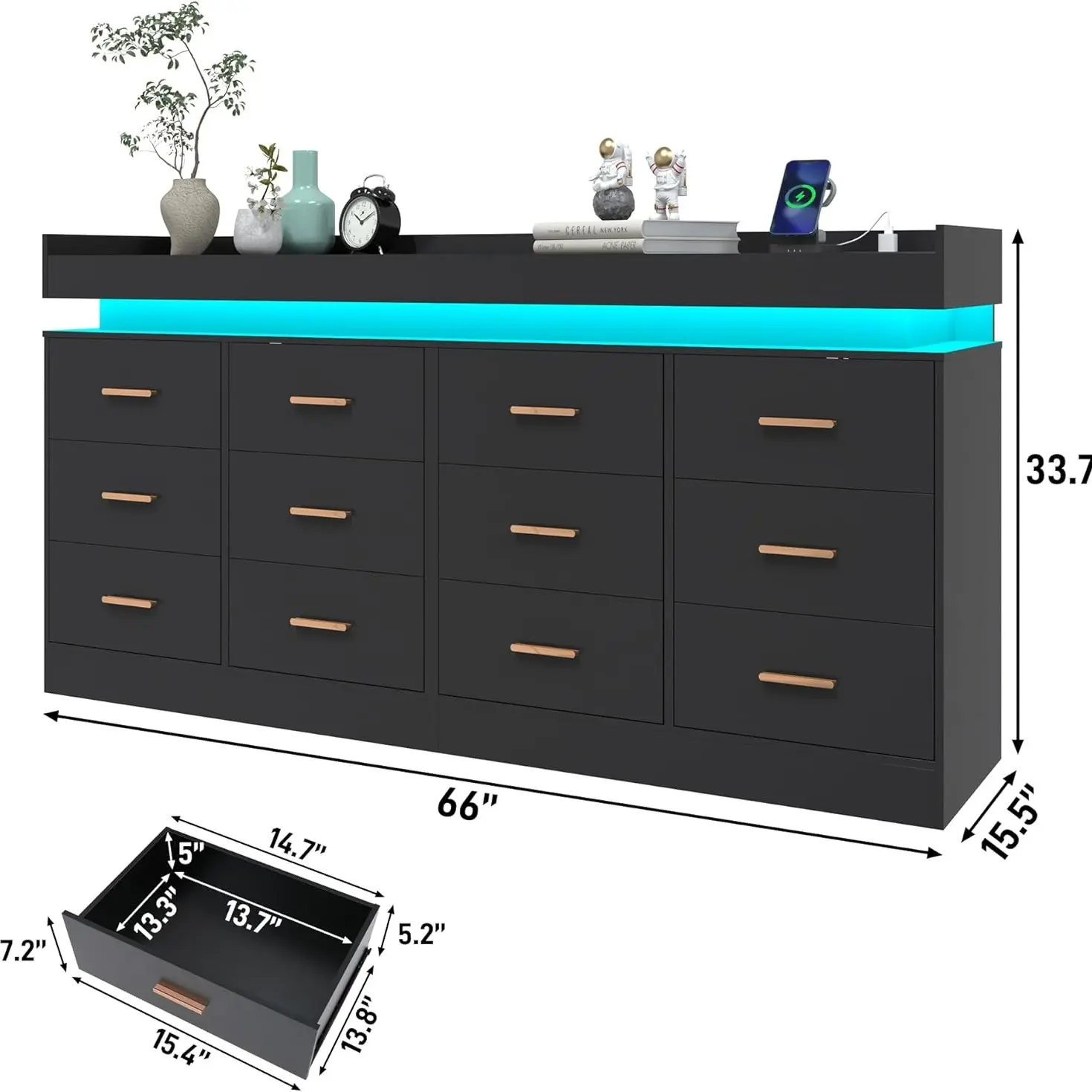 Cómoda con luz LED y estación de carga, cómoda moderna para armario, amplio mueble organizador de cajones para dormitorio, sala de estar, recibidor y pasillo.