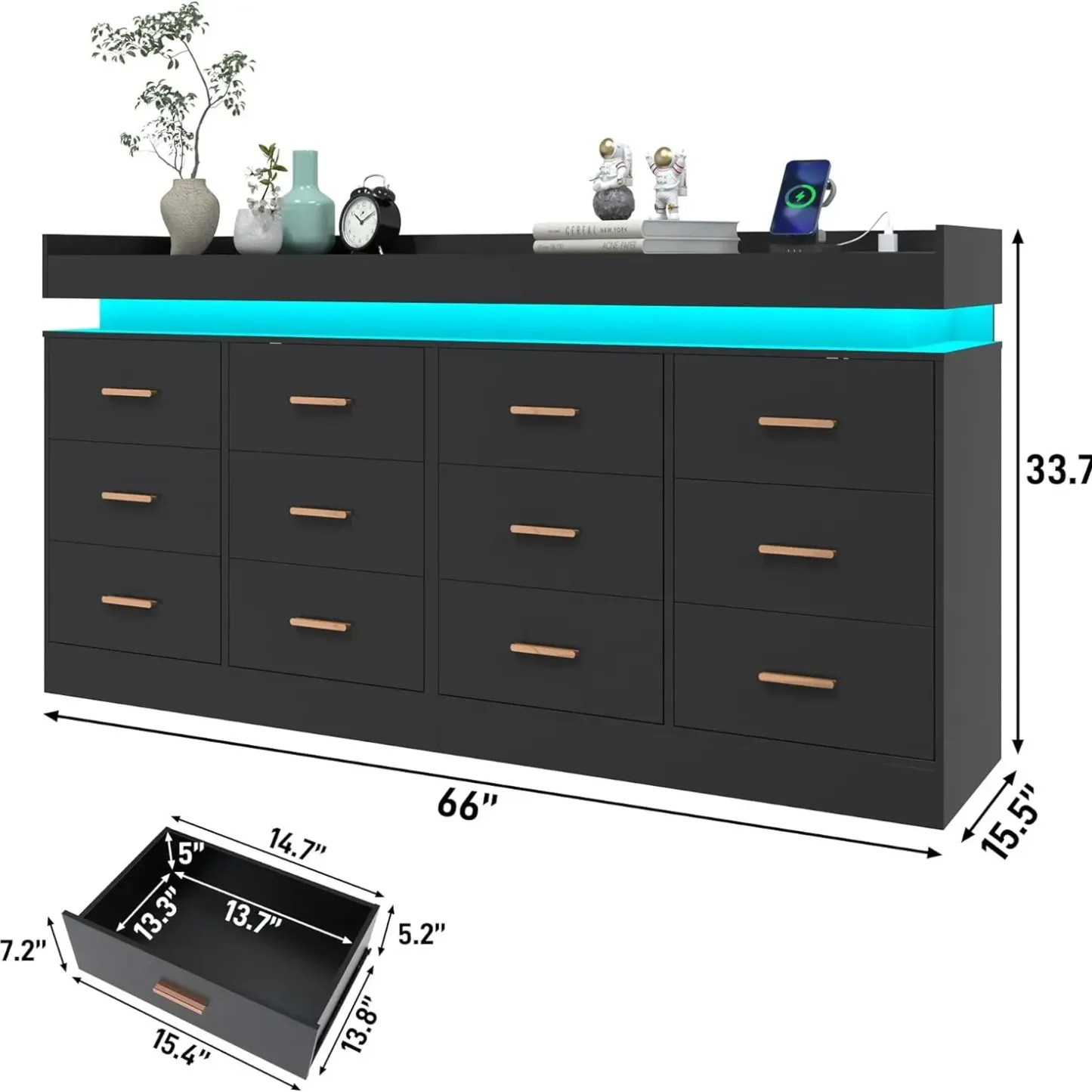 Cómoda con luz LED y estación de carga, cómoda moderna para armario, amplio mueble organizador de cajones para dormitorio, sala de estar, recibidor y pasillo.