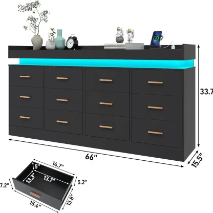 Cómoda con luz LED y estación de carga, cómoda moderna para armario, amplio mueble organizador de cajones para dormitorio, sala de estar, recibidor y pasillo.