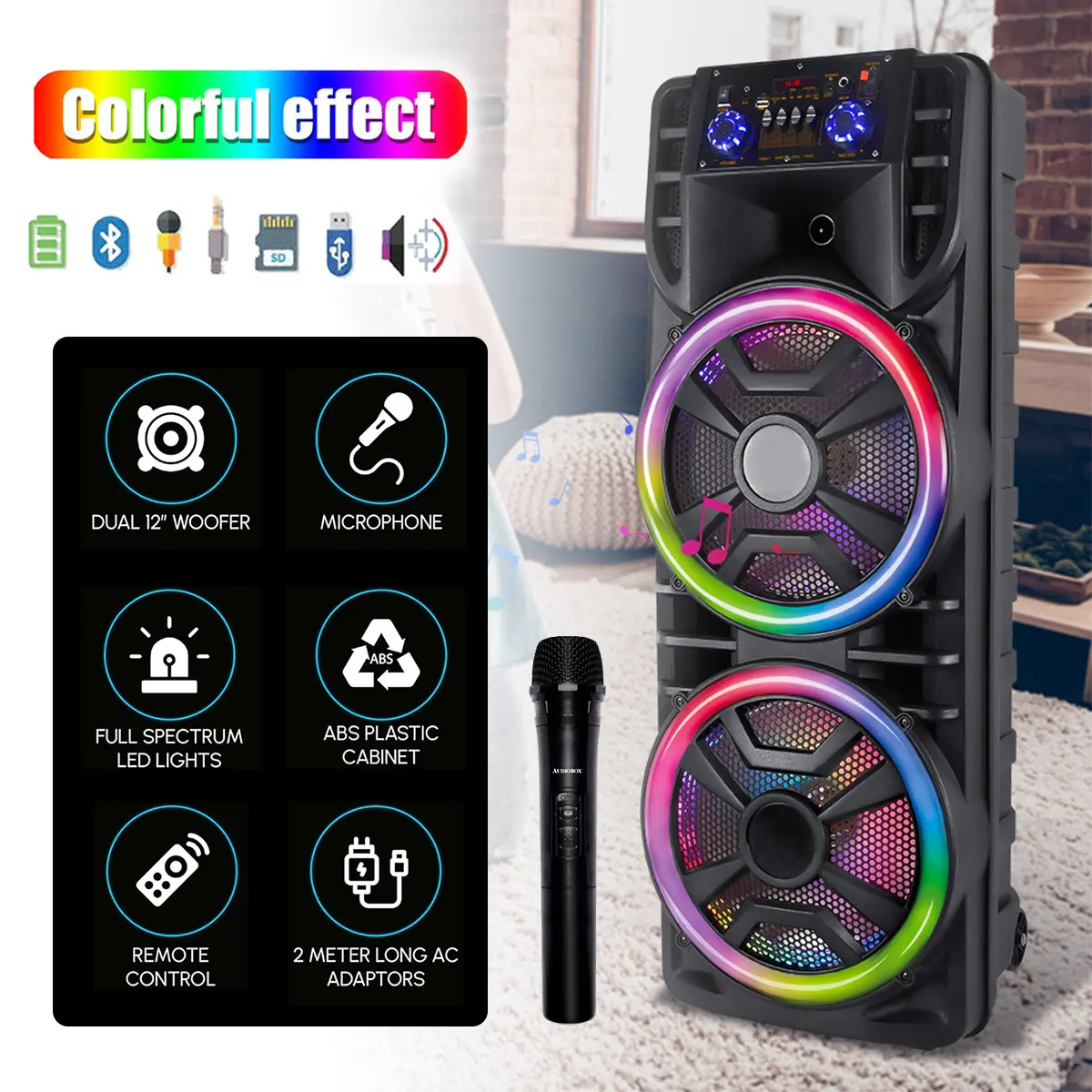 Sistema de altavoces portátil para karaoke con doble altavoz de 12 pulgadas y Bluetooth