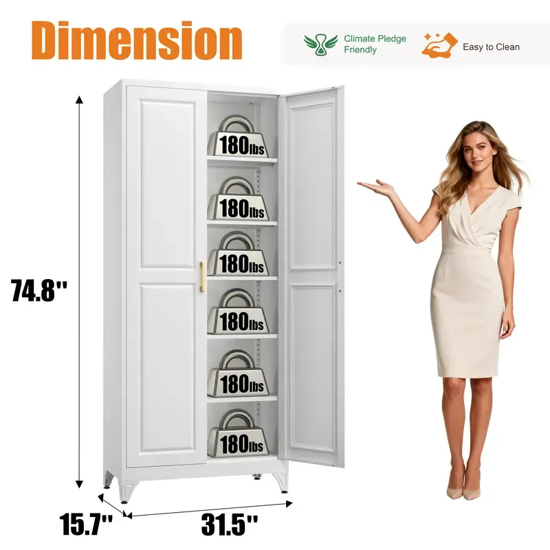 Armario cerrado con estructura metálica de 75 pulgadas: mueble rectangular para almacenamiento de alimentos con 5 estantes ajustables y extraíbles, 2 tiradores dorados y múltiples compartimentos; requiere montaje; mueble despensa moderno para coci