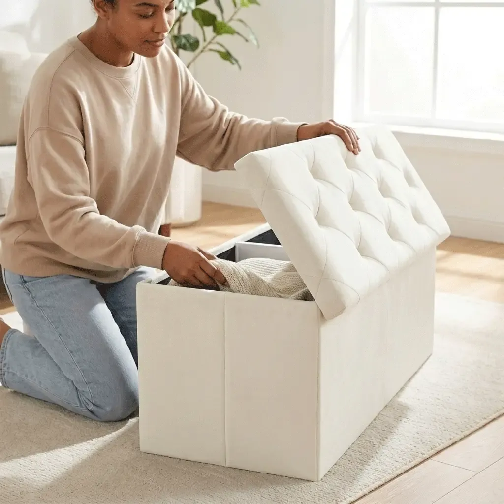 Banco otomano de almacenamiento plegable y reposapiés con asiento acolchado; gran baúl para juguetes con asiento; soporta hasta 660 libras (aprox. 300 kg) – Gris