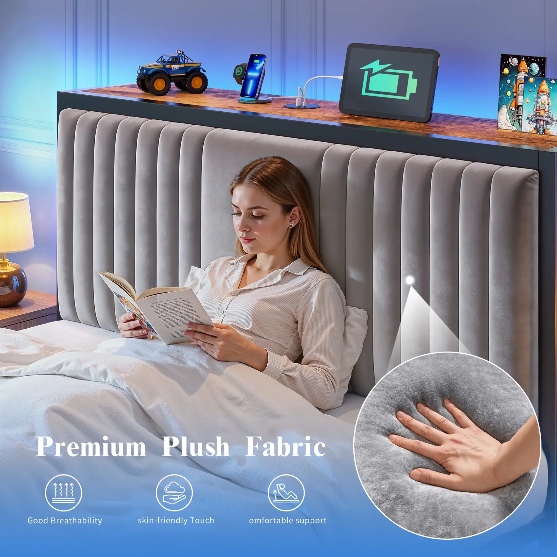Estructura de cama moderna de metal tapizado (apta para camas King/Queen/Full) con 5 cajones de almacenamiento de tela; el cabecero integra una estación de carga y estantes con tira de luz LED; altura libre de 34 cm debajo de la cama, ideal para apartamen