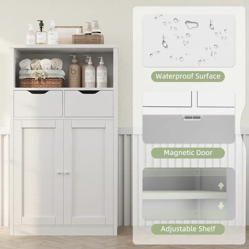Armario de almacenamiento de suelo Walsunny, organizador con puertas y cajones; mueble auxiliar independiente tipo despensa con estante ajustable para cocina, lavandería, baño o sala de estar.