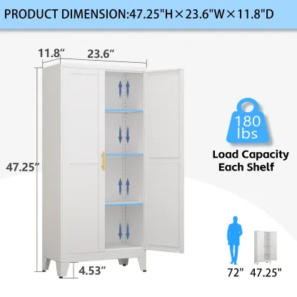 Armario despensero de metal con 2 puertas y estantes ajustables. Disponible en cuatro tamaños: 47", 61", 71" y 75". Armario de almacenamiento para cocina con tiradores dorados: solución versátil para cocina, baño, comedor o cuarto de servicio.