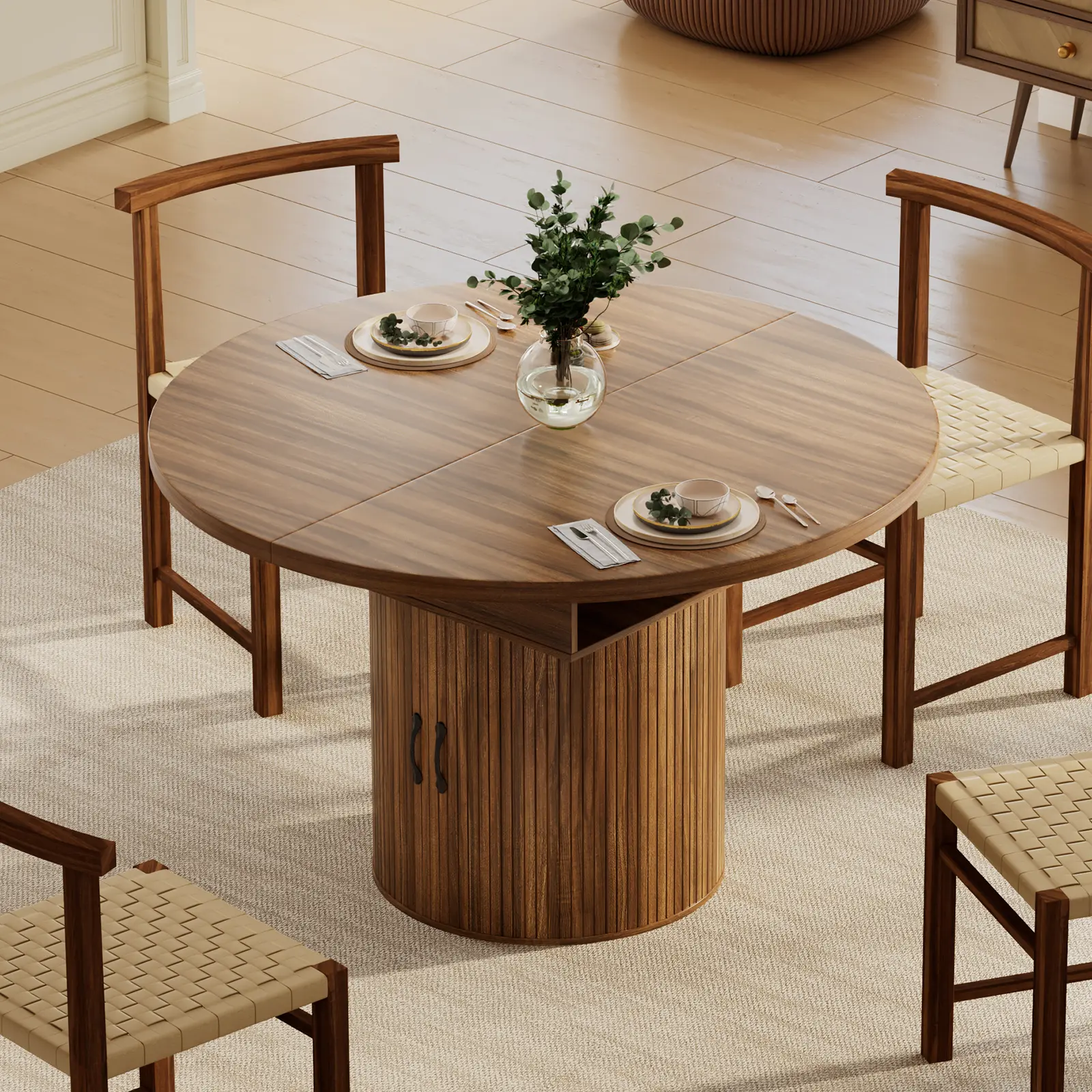 Mesa de Comedor Redonda Extensible con Almacenamiento