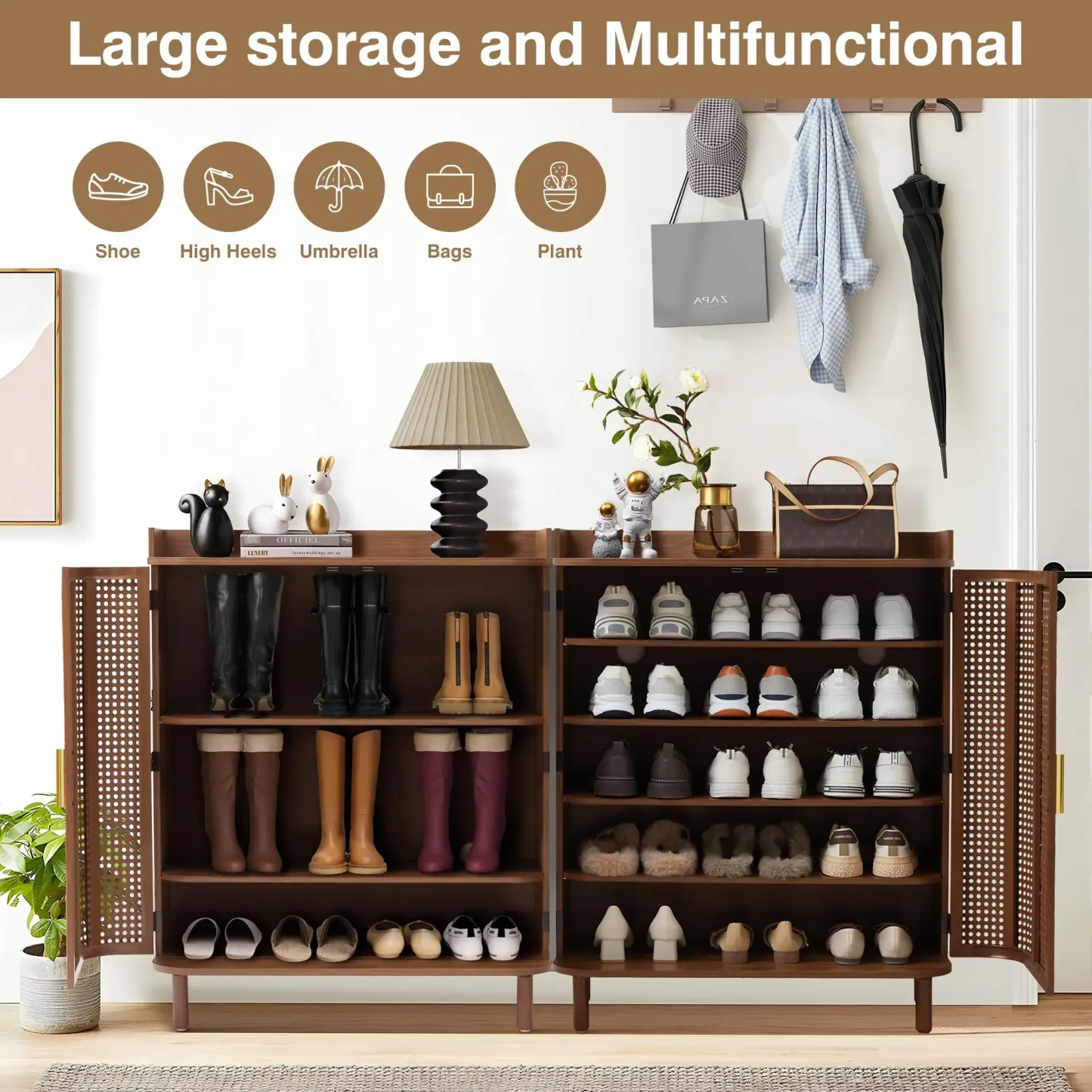 Zapatero Giratree de 5 niveles: mueble organizador de madera estilo boho con estantes ajustables y puertas curvas de hierro y ratán; mueble decorativo ideal para la entrada, el pasillo o la sala de estar.