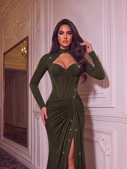 Glamrae Sexy Olive Green Stretch Glitter Stand Collar Sweetheart Cut Out Long Sleeve Corset Ruched Slit Bodycon Mermaid Autumn Prom Wedding Guest Evening Gown - image 2