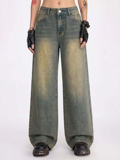 ROMWE Grunge Punk Women's Cross Pattern Wide Leg Loose Casual Denim Jeans - image 2