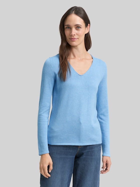 Jumper with V-neckline - sea blue melange