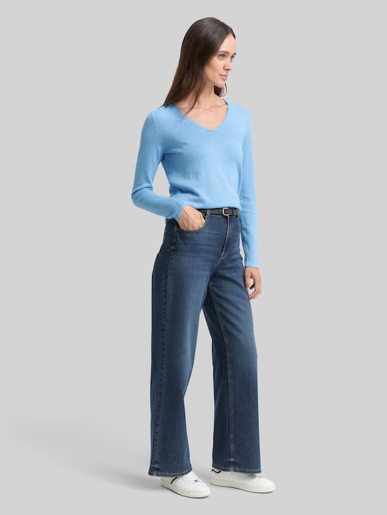 Jumper with V-neckline - sea blue melange