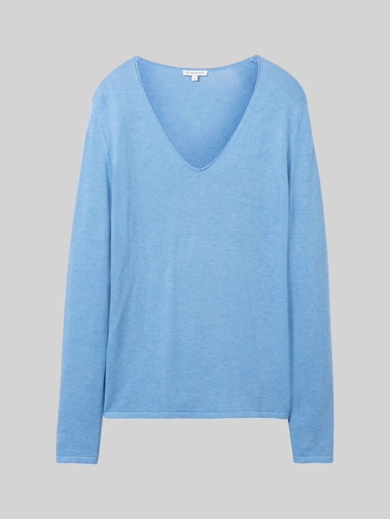 Jumper with V-neckline - sea blue melange