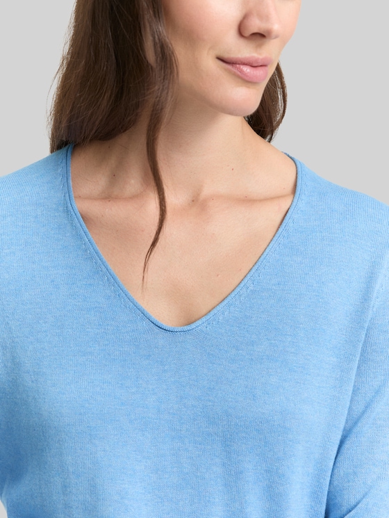 Jumper with V-neckline - sea blue melange